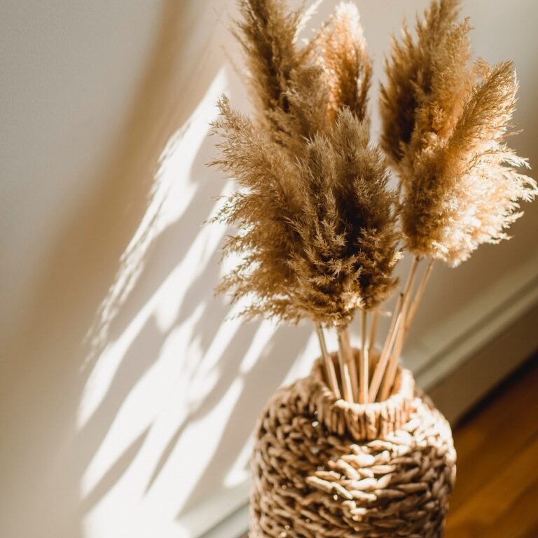 Brauner Korb mit langen Trockenblumen, beleuchtet von sanftem Sonnenlicht.