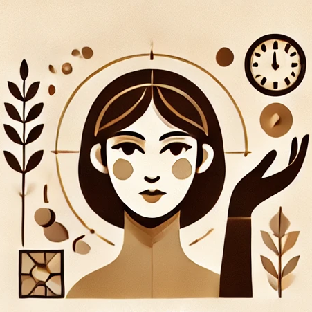 Stilisierte Frau mit Handgestik, Pflanzenmotiven und einer Uhr im Hintergrund.